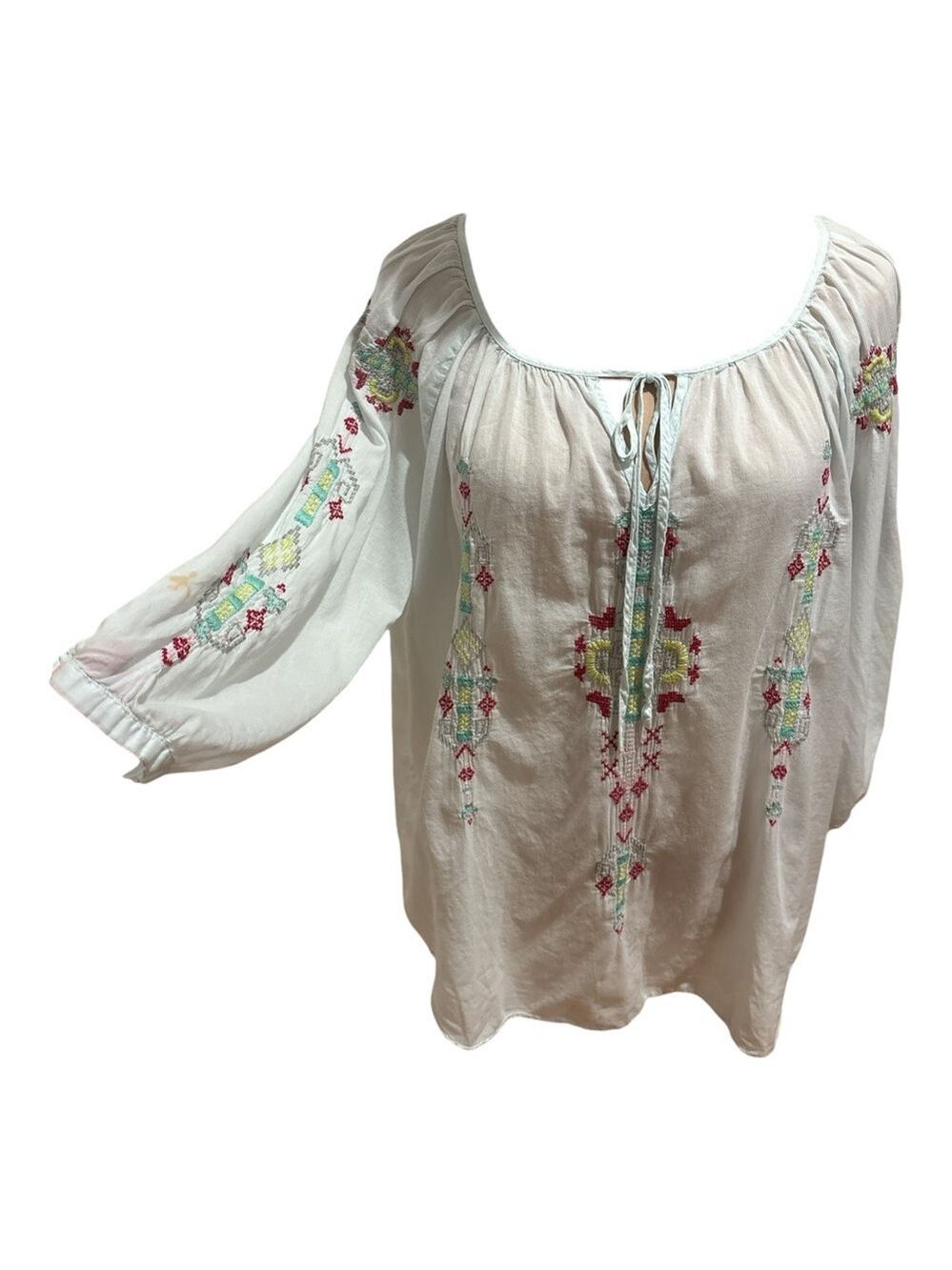 JOHNNY WAS 3 J WORKSHOP COTTON PASTEL BLUE W EMBROIDERED AZTEK PATTERN TOP SZ L - Picture 3 of 8